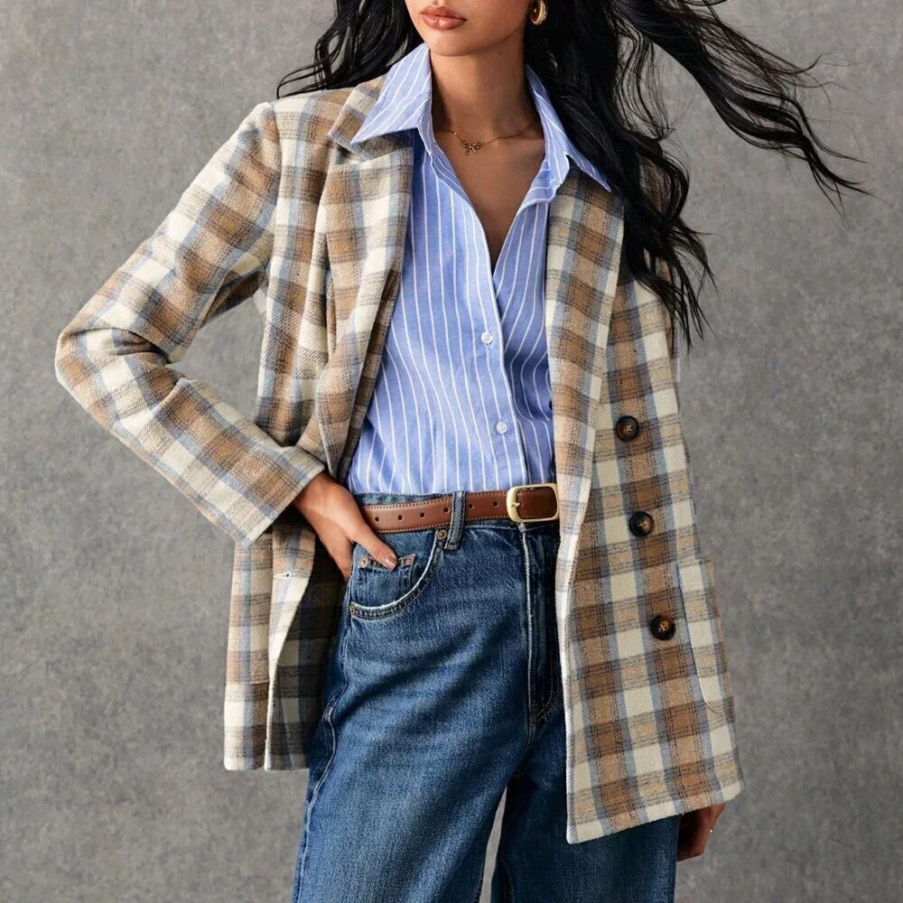 Multicolor Casual Women's Plaid Print Double-Breasted Long Sleeve Blazer Jacket